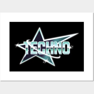 TECHNO  - Y2K Metallic Star (blue/white) Posters and Art